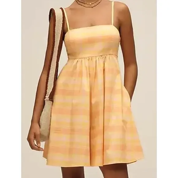 $158 Anthropologie HUTCH Bandeau Romper | sz L, Orange Yellow Plaid NEW! - Picture 2 of 11
